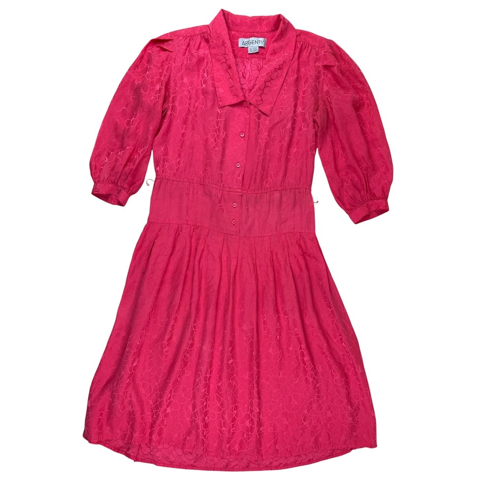 Argenti 4P Silk Dress Vintage Fuchsia Floral Jacquard Puff Sleeve Midi
